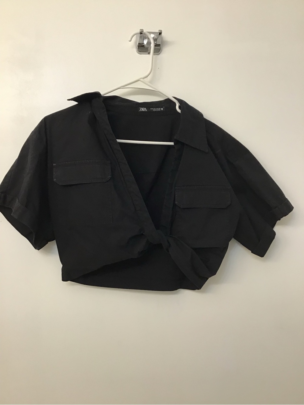 Zara Black Cropped Tie-Front Shirt